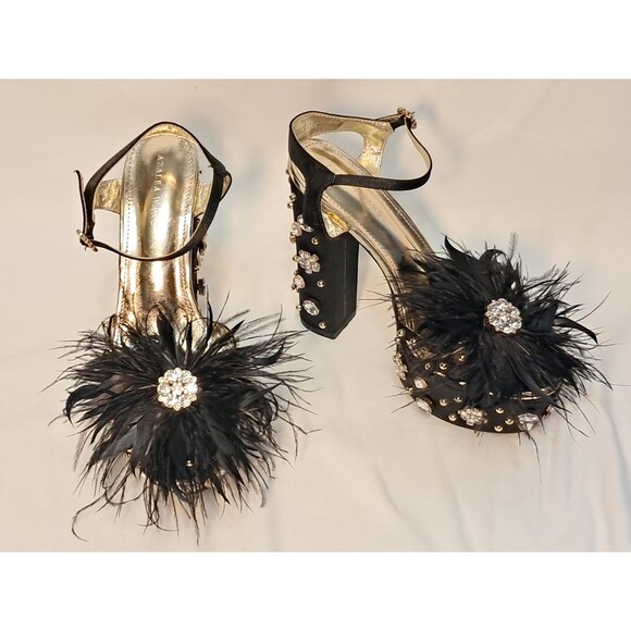 NEW AZALEA WANG Feather & Crystal Ankle Strap Rivet Platform Sandals Size 7.5 - Picture 2 of 12